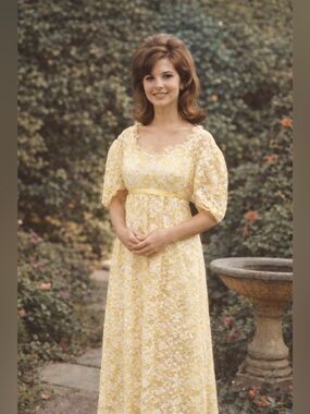 Vintage 1960s Yellow Taffeta Floral Overlay Prom Dress | Puffed Sleeves Gown